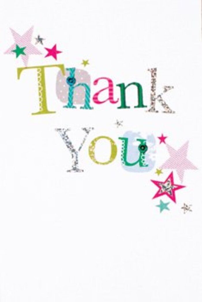 With a refined yet whimsical flair, this thank you card captures the spirit of a heartfelt gesture in the heart of Hoxton. Each letter in 'Thank You' holds its own personality-some dance with playful polka dots, while others glide with elegant silver stripes or swirl with stitched textures reminiscent of hand-sewn treasures found in our local workshops. Surrounding the phrase, radiant stars in bold pink, turquoise, and shimmering silver cluster like well-wishers, blessing the words with added cheer. The composition feels modern and spacious, with a pure white background allowing every detail its moment, much like an artist's studio awaiting inspiration. The card exudes an understated sophistication that settles somewhere between casual and formal, making it a universally warm gesture. Crafted with a florist's eye, it would pair beautifully with a fresh arrangement from Flower Delivery Hoxton, nestled among seasonal blooms for any occasion-whether as a neighbourly thank you or a note of appreciation delivered to a friend along Old Street. It's a card that carries the gentle energy of gratitude, offering a memory as uplifting as the first scent of flowers from a local garden in spring.