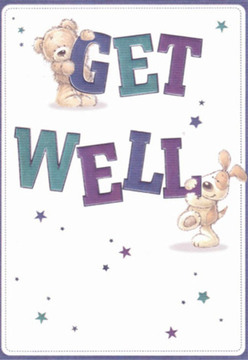 Bringing the warmth of Hoxton's creative spirit, this get well card features two whimsical friends-a cuddly bear with plush, inviting fur perched atop bold, lively 'GET,' and a bouncy puppy nestled under the cheerful 'WELL.' Their rounded shapes and expressive faces are brimming with hope and companionship, their playful energy echoed by a constellation of hand-drawn, blue and purple stars that seem to dance across the card's pristine backdrop. The typography is rendered in rich shades of indigo and teal, making the message pop against the light, welcoming cream background, reminiscent of the gentle sunlight filtering through Hoxton's streets in the early afternoon. Each brushstroke imbues the illustration with a sense of nurturing care, much as a local florist arranges comforting blooms for a loved one in need. There's emotional honesty in the scene-a blend of tenderness and simple joy, echoing the supportive connections found in Hoxton's cafés and galleries. The way the bear and puppy connect, reaching across the space with affection, mirrors the local tradition of rallying around neighbors and friends. As you hold this card, you can almost feel the textures: the velvety puppy ears, the bear's soft, well-worn fur, and the cool, confident shine of the oversized letters meant to uplift. It's a small but potent gesture of sincerity and hope, ready to be delivered with the same reliable warmth as any bouquet prepared by Flower Delivery Hoxton for someone under the weather.