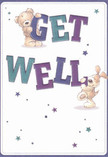 Envision sending a dose of pure, cheerful comfort from the heart of Hoxton: this illustrated get well card glows with warmth, playfulness, and healing intent. Two adorable figures-a soft, button-eyed bear posed protectively atop the bold 'GET,' and a bright-eyed puppy cuddled up to the word 'WELL'-anchor the design. Shades of indigo and teal sweep through the letters, making the uplifting message leap out over a soft, inviting cream background, much like fresh tulips gleaming in the morning light at Hoxton Market. Scattered across the card, delicate stars in hues of blue, violet, and pale lilac add a dash of whimsy and gentle hope, suggesting an outpouring of good wishes drifting over the rooftops. Textures are lovingly portrayed: the bear's plush fur and the puppy's velvety ears seem almost tangible, inviting the mind's touch. The entire composition feels as thoughtful and soothing as a bouquet hand-arranged by familiar florists on Old Street-each detail designed to bring joy, clarity, and reassurance to someone feeling unwell. The card's artistry mirrors the sincerity of a get well message delivered personally: a tangible reminder of care and community unique to Hoxton, offering sympathy and light in every brushstroke.